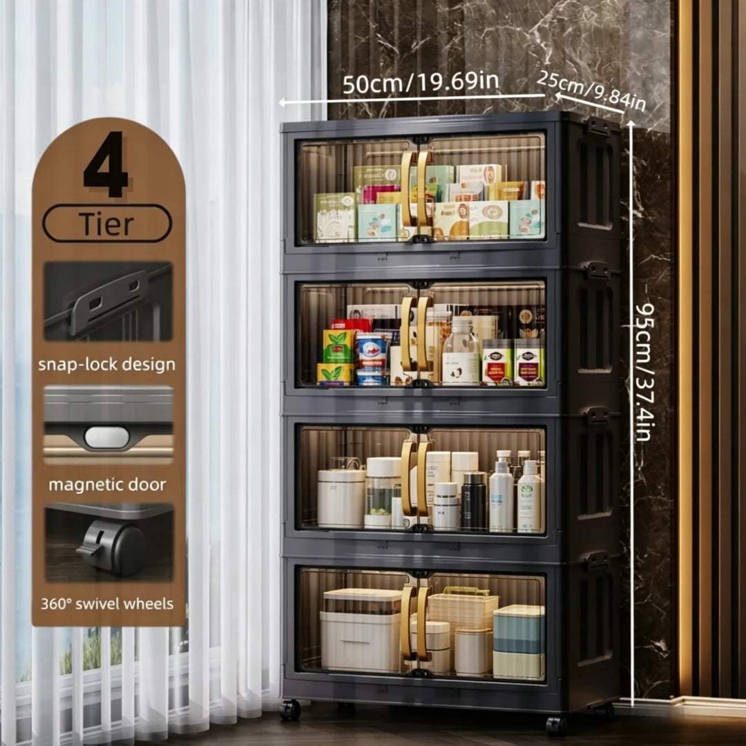 Foldable Stackable Plastic Storage Cabinet With Magnetic Clear Doors