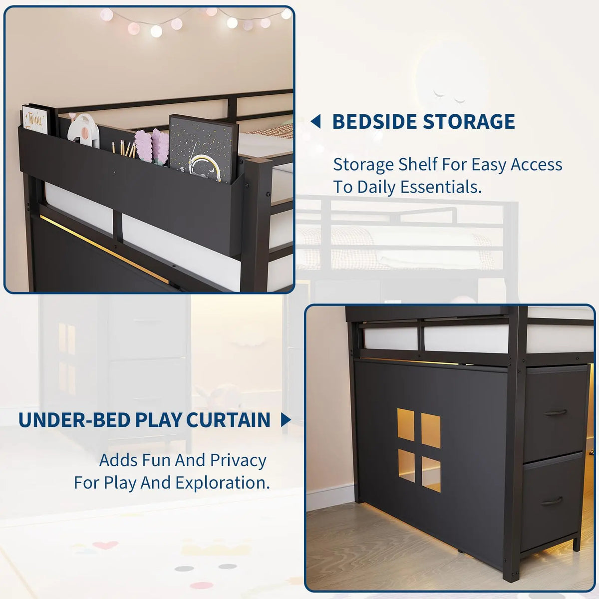 HiMISS Modern Metal Loft Bed With Integrated Work Desk