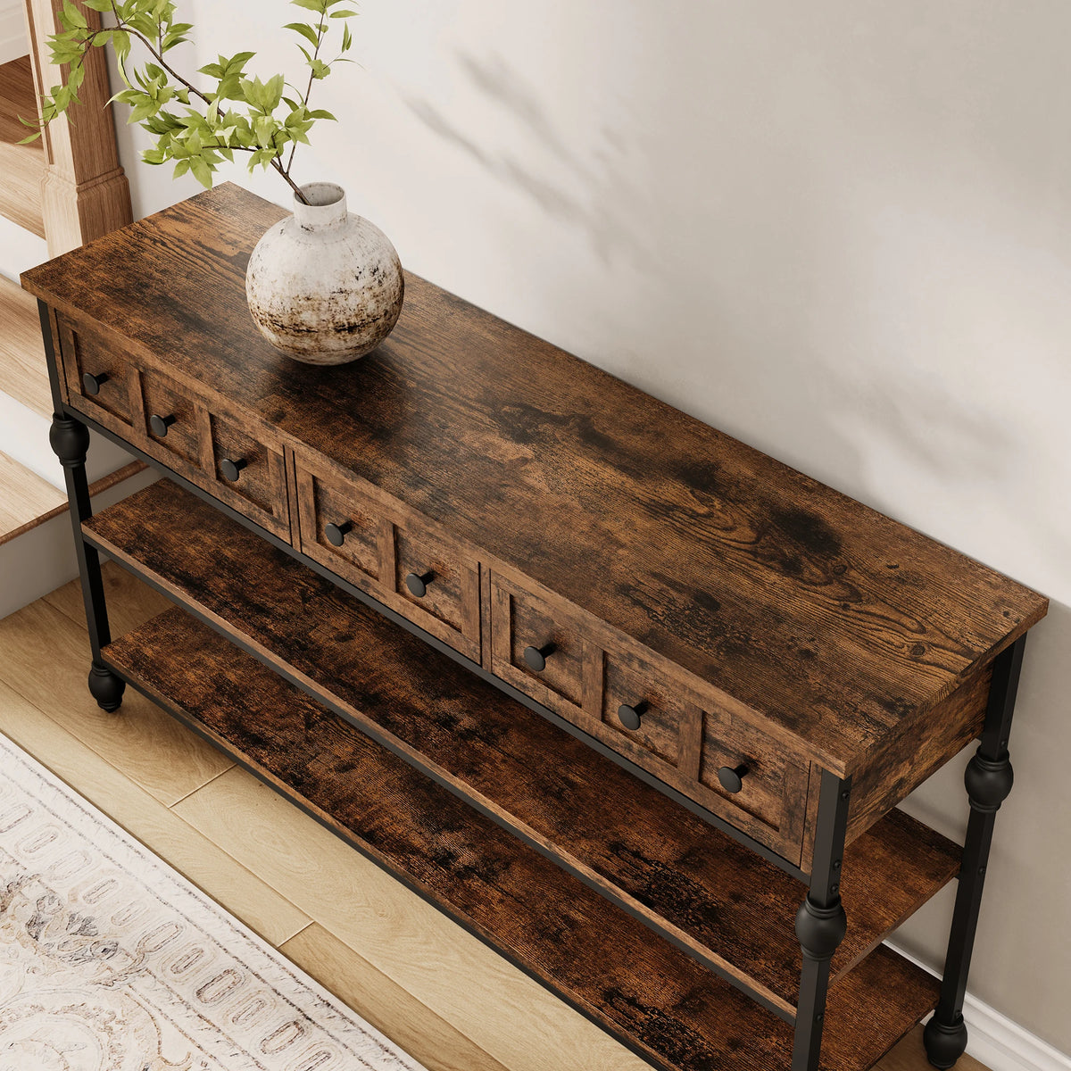 HiMISS Industrial Console Table With Three Drawers And Metal Frame
