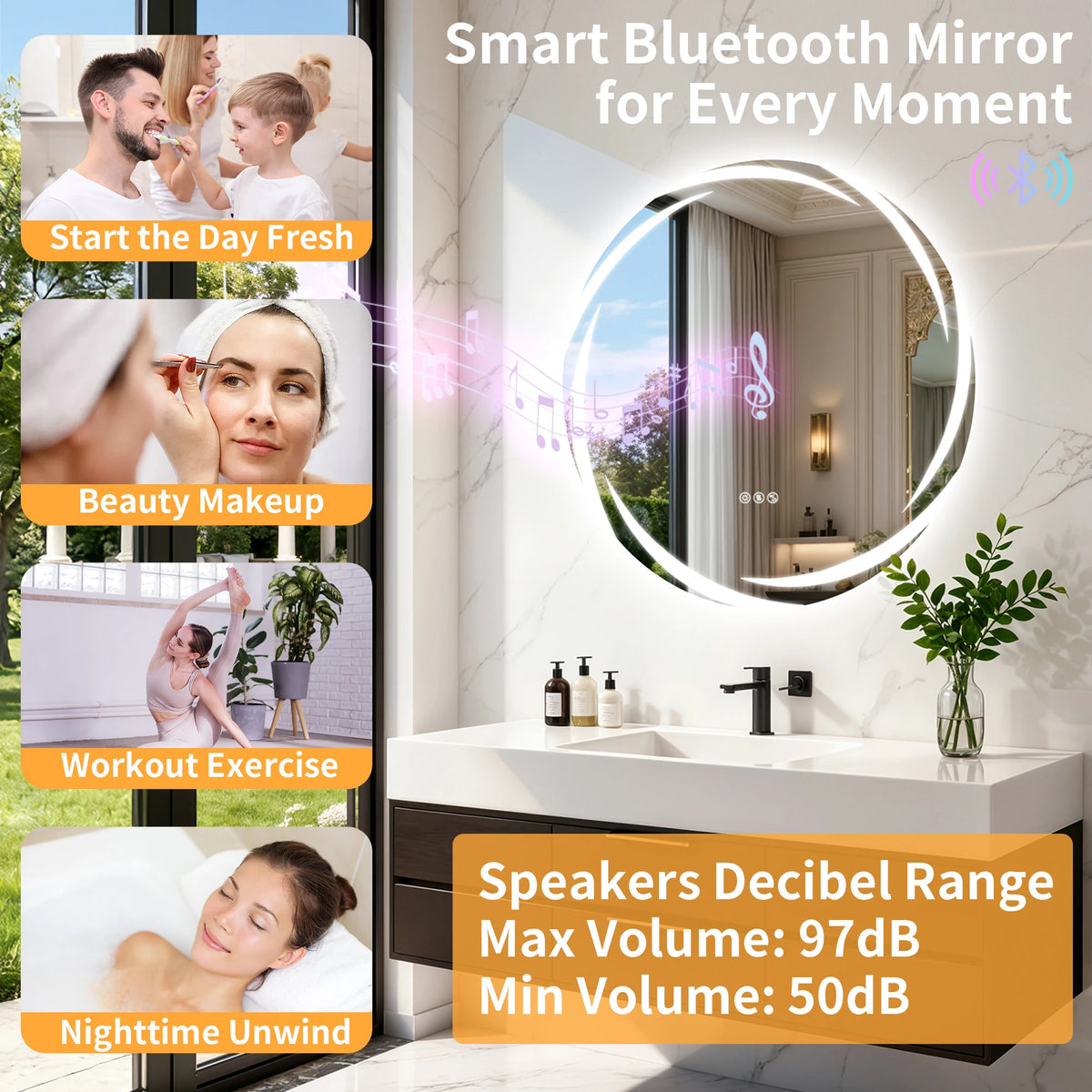 Round Bluetooth LED Bathroom Mirror Defog Speakers Dimming