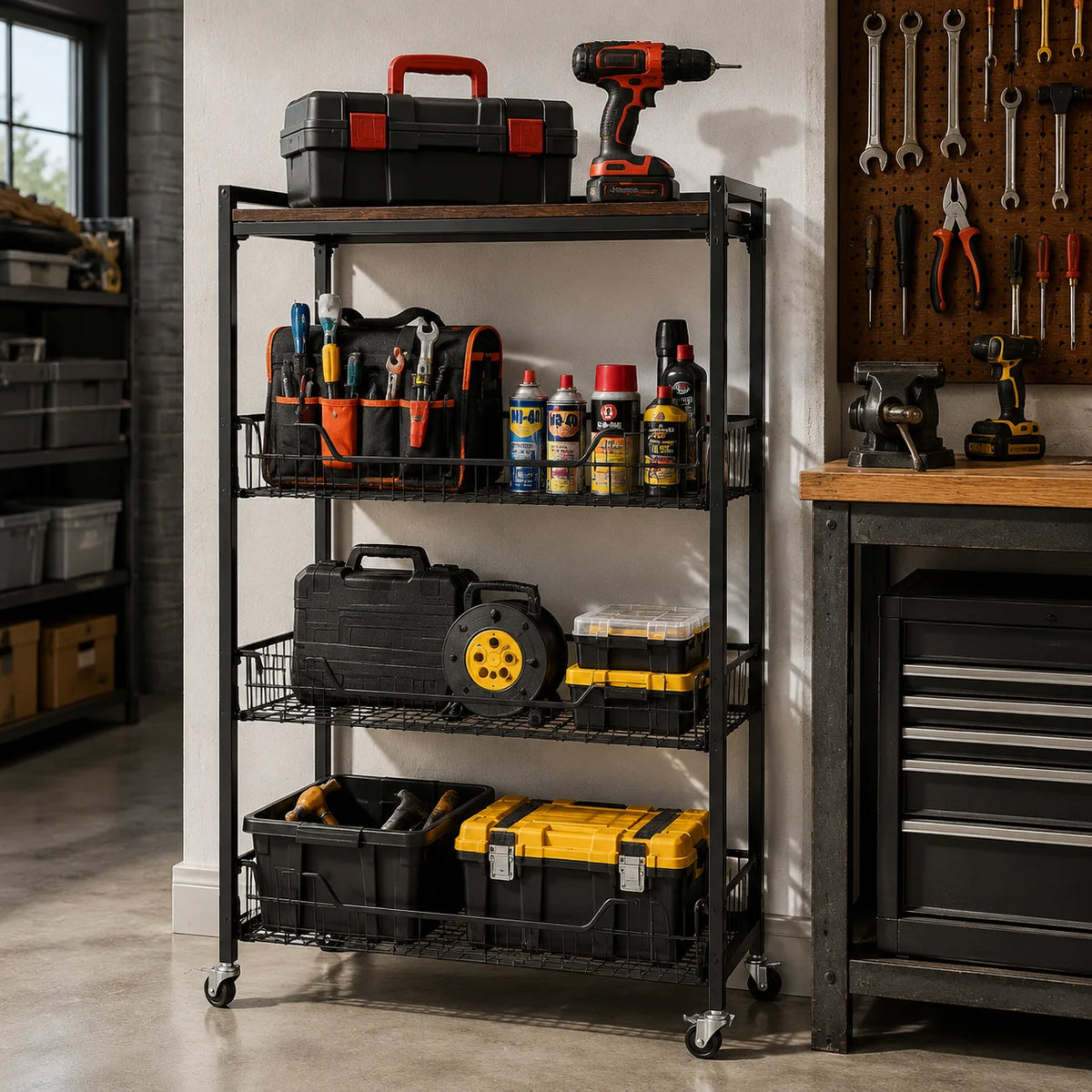 Heavy Duty 4-Tier Foldable Storage Cart with Lockable Casters