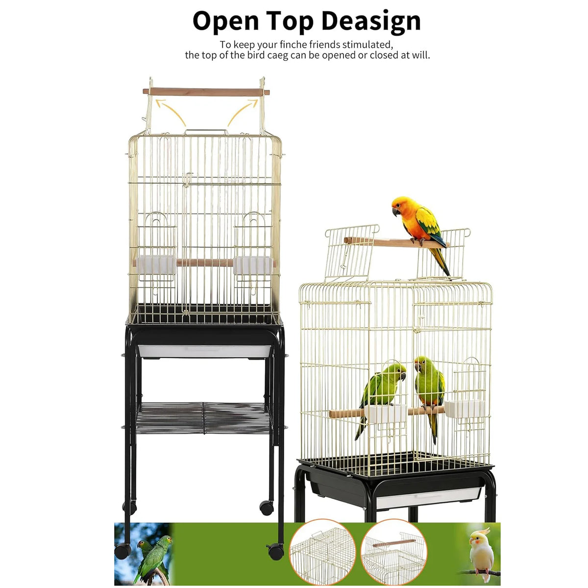HiMISS Open Top Bird Cage With Rolling Stand And Shelf