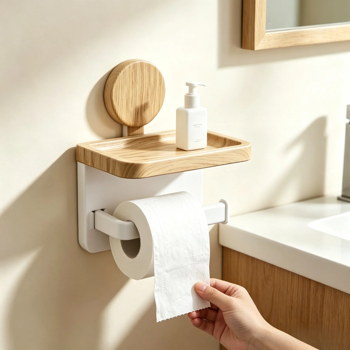 Wall Mount Suction Toilet Paper Holder With Storage Shelf