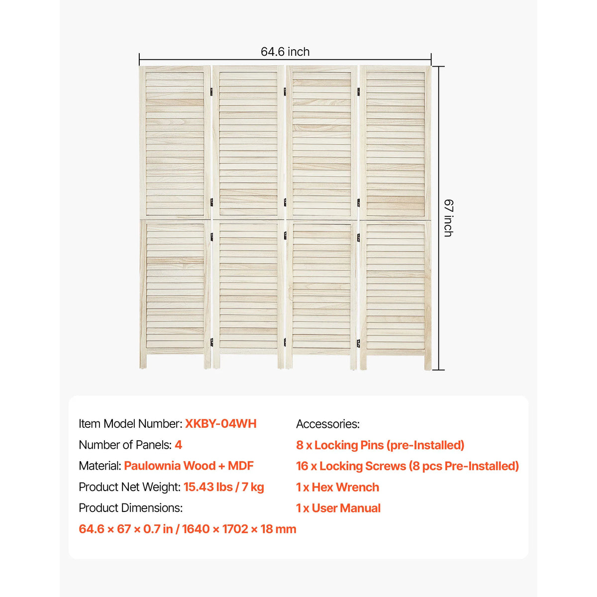 SucceBuy Four Panel Wood Folding Privacy Screen Room Divider