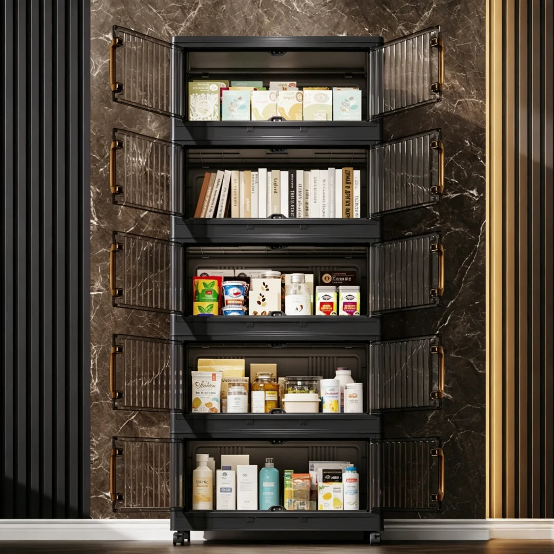 Foldable Stackable Plastic Storage Cabinet With Magnetic Clear Doors