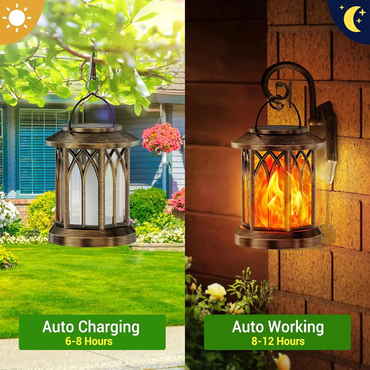 Waterproof Auto On Off Flickering Flame Solar Hanging Lantern