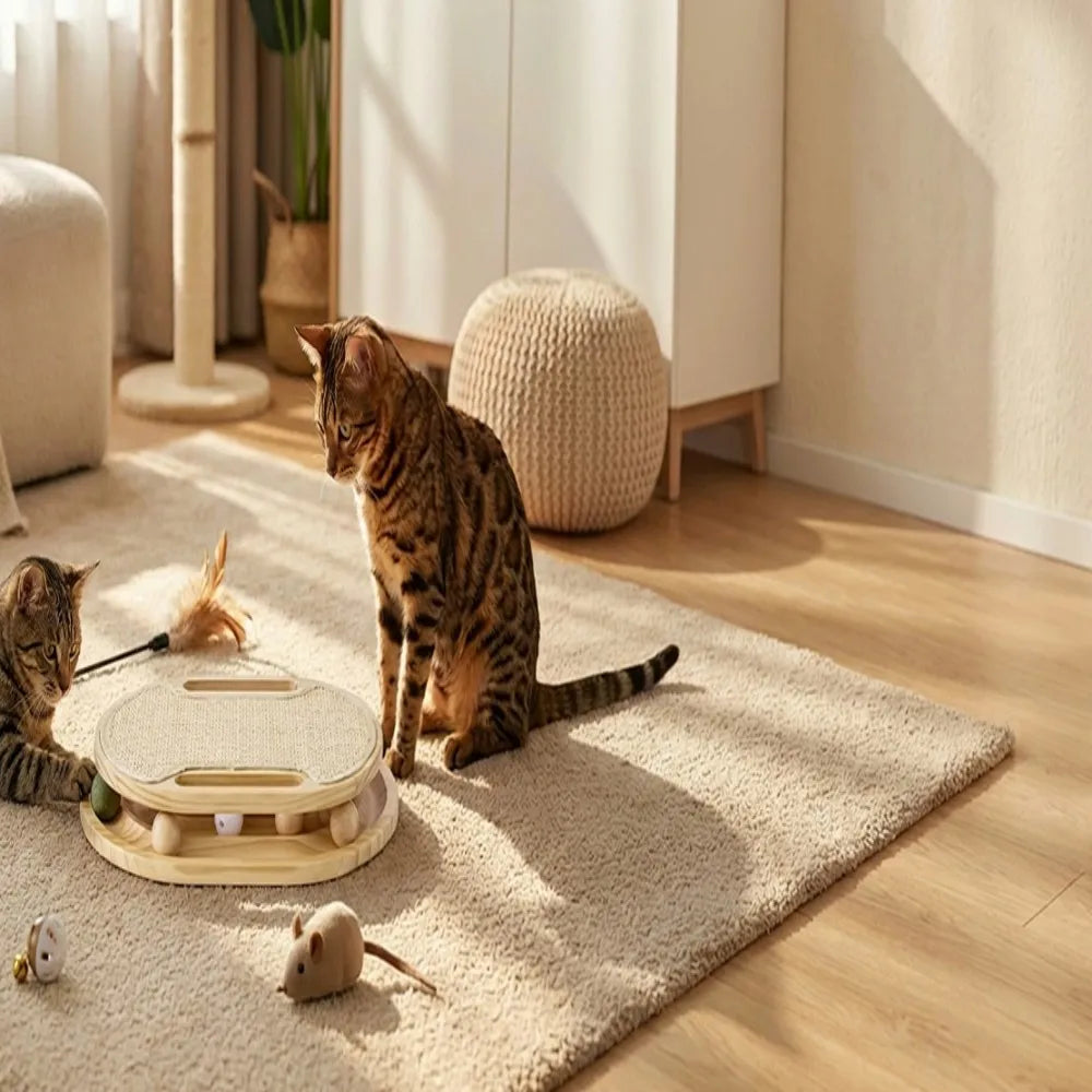 Premium Sisal Cat Scratcher Board With Wooden Ball Track Frame