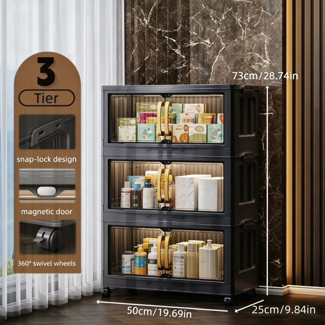 Foldable Stackable Plastic Storage Cabinet With Magnetic Clear Doors