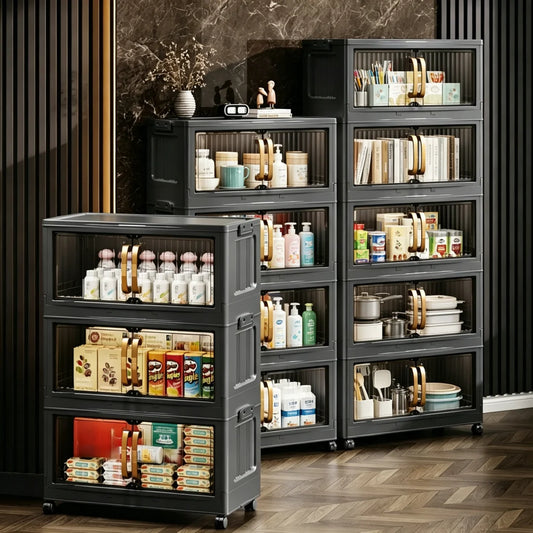 Foldable Stackable Plastic Storage Cabinet With Magnetic Clear Doors