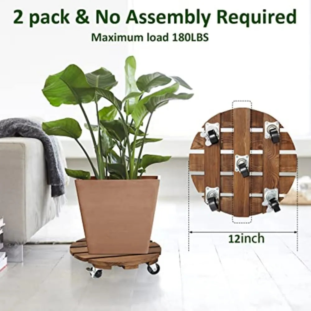 2 Pack Pine Wood Rolling Plant Caddy Lockable Wheels