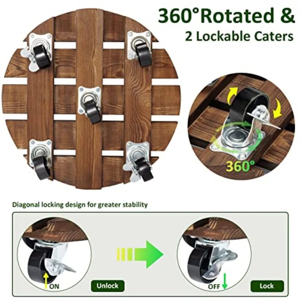 2 Pack Pine Wood Rolling Plant Caddy Lockable Wheels