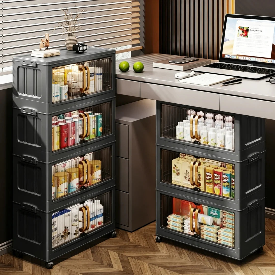 Foldable Stackable Plastic Storage Cabinet With Magnetic Clear Doors