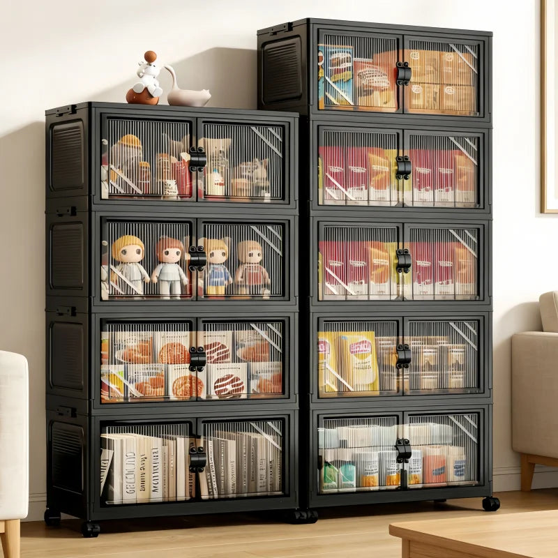 Onenoble Foldable Rolling Storage Cabinet With Clear Doors And Wheels