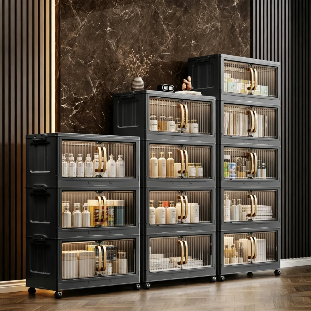 Foldable Stackable Plastic Storage Cabinet With Magnetic Clear Doors