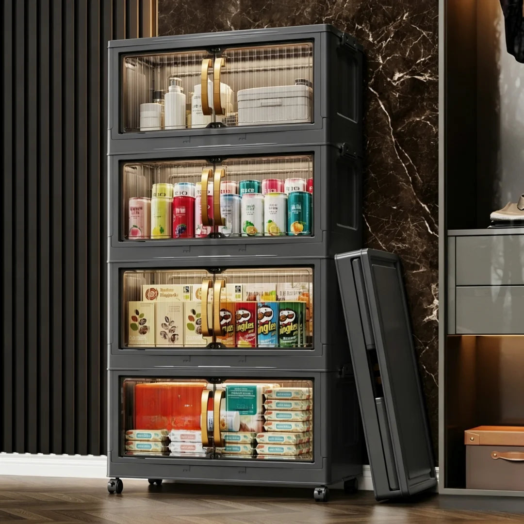 Foldable Stackable Plastic Storage Cabinet With Magnetic Clear Doors