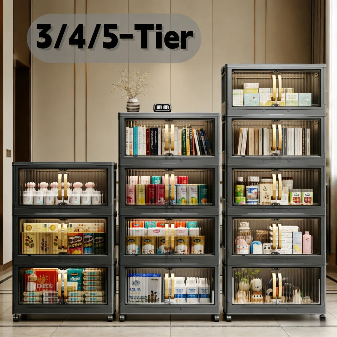 Foldable Stackable Plastic Storage Cabinet With Magnetic Clear Doors
