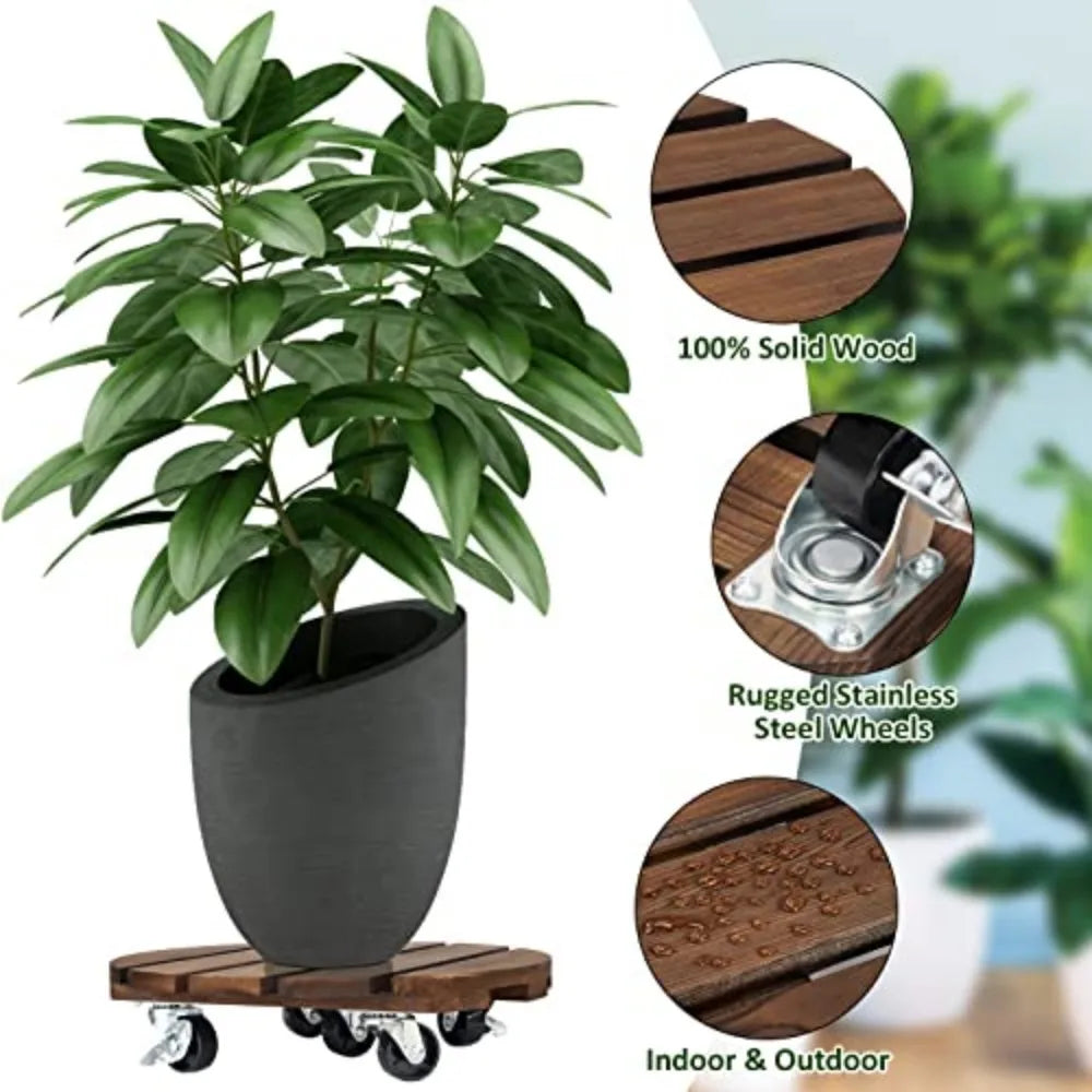 2 Pack Pine Wood Rolling Plant Caddy Lockable Wheels