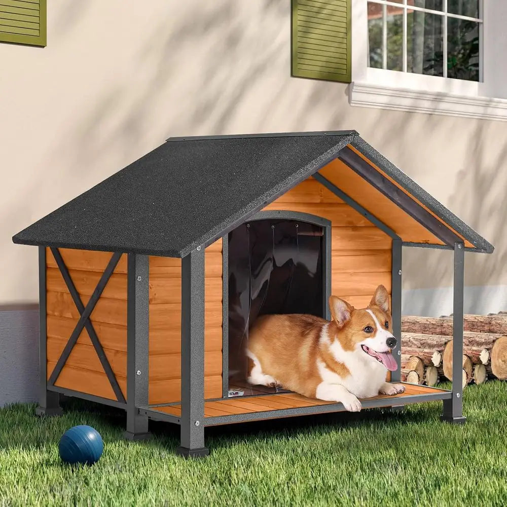 Durable Metal And Wooden Dog House For Outdoor Use