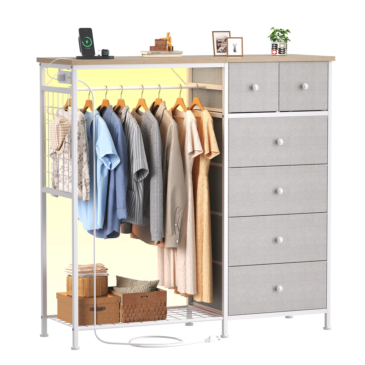 JHK Fabric Dresser With Six Drawers And Charging Station