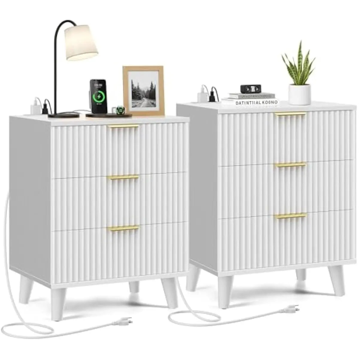 Modern Fluted Nightstand With Soft Close Drawers And Usb Ports