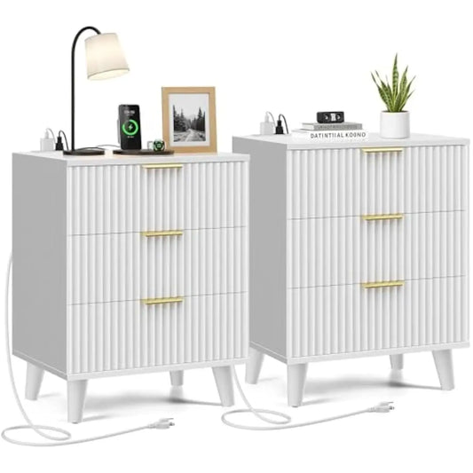 Modern Fluted Nightstand With Soft Close Drawers And Usb Ports