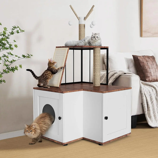 Garvee Wood Cat Corner Activity Tree With Hidden Storage Cabinet