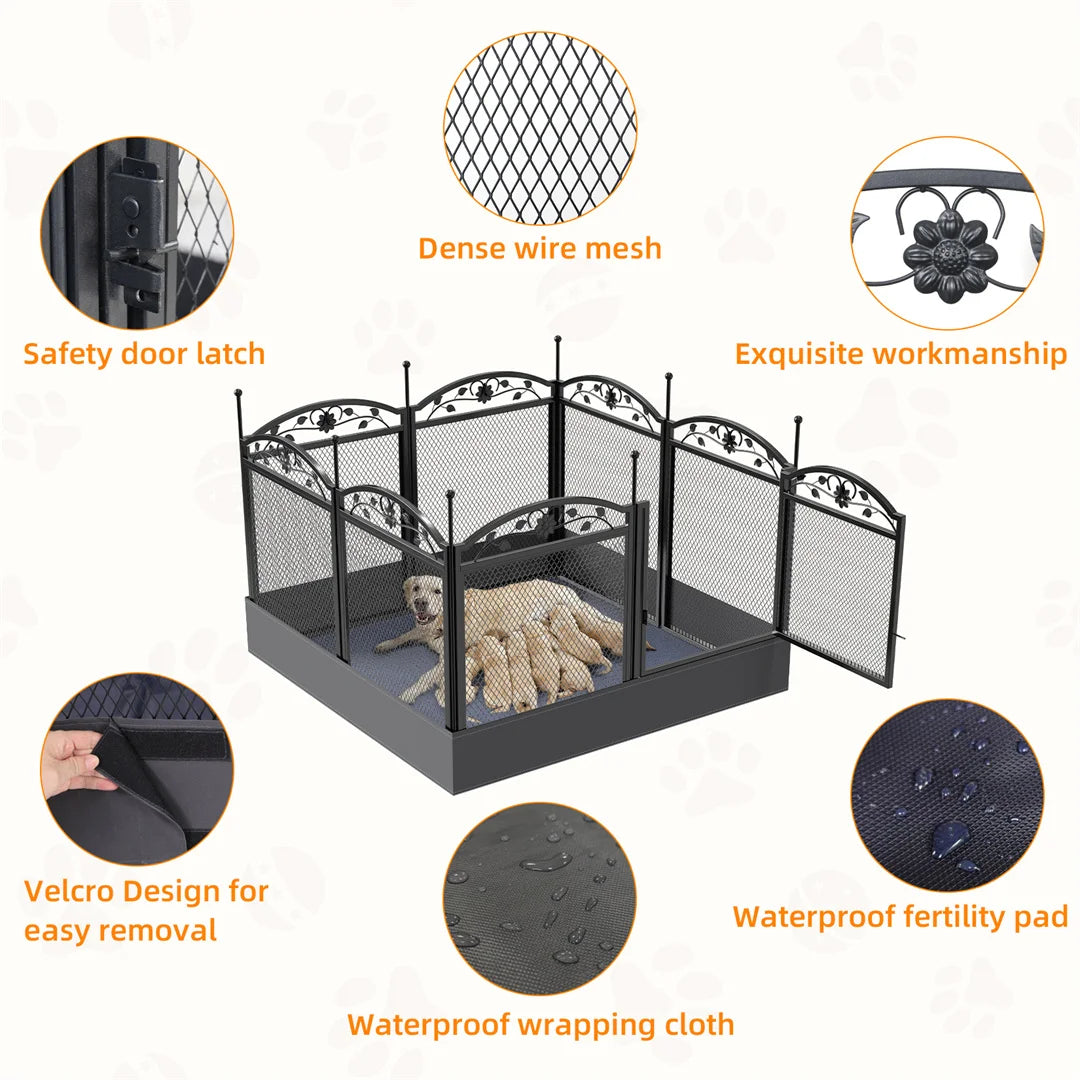 BINGOPAW Heavy Duty Metal Dog Playpen With Waterproof Whelping Pad