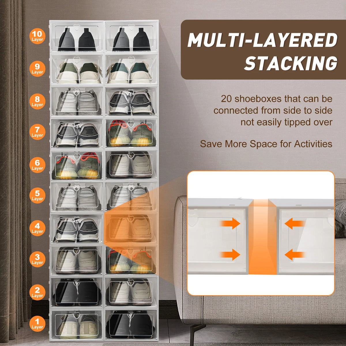 Bymaocar 20 Pcs Stackable Shoe Storage Box Transparent Shoe Organizer