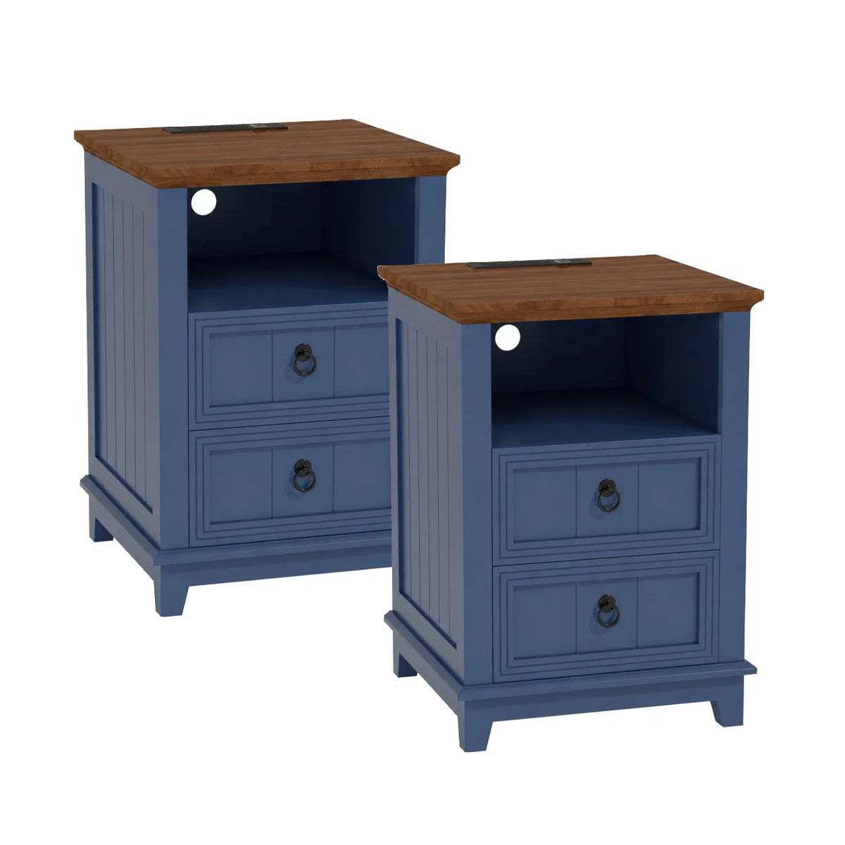 Modern Fluted Wood Nightstand With USB Charging Station And Drawers