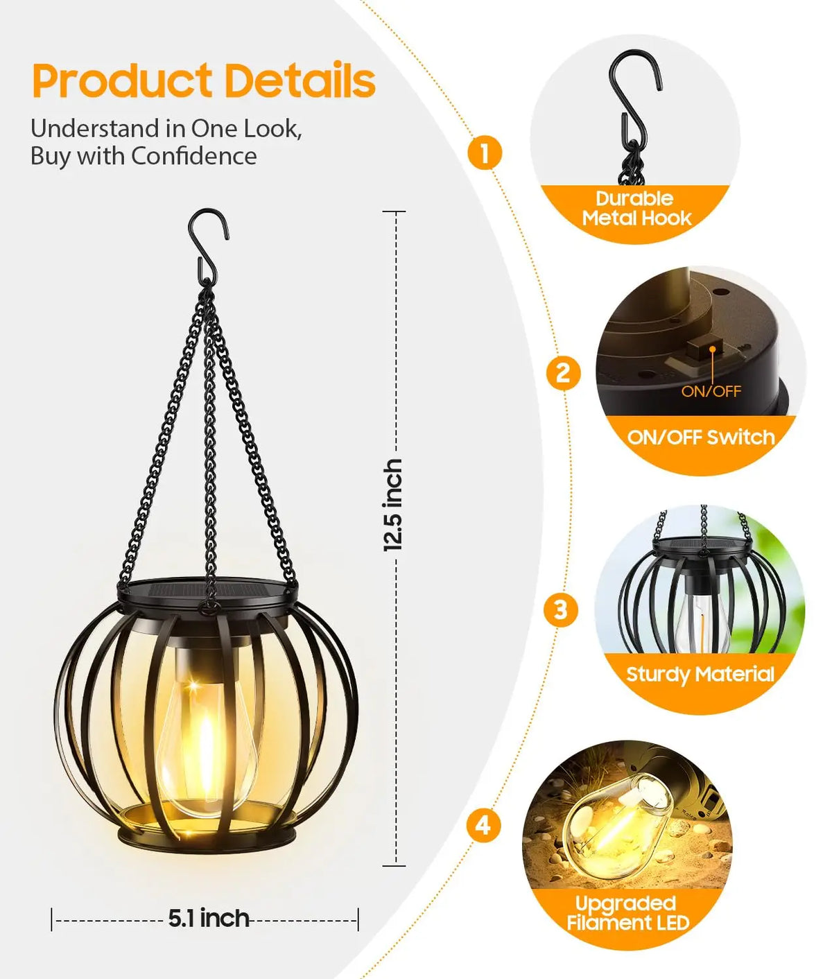 KPSTEK 4 Pack Solar Lanterns Waterproof Hanging Metal Lights