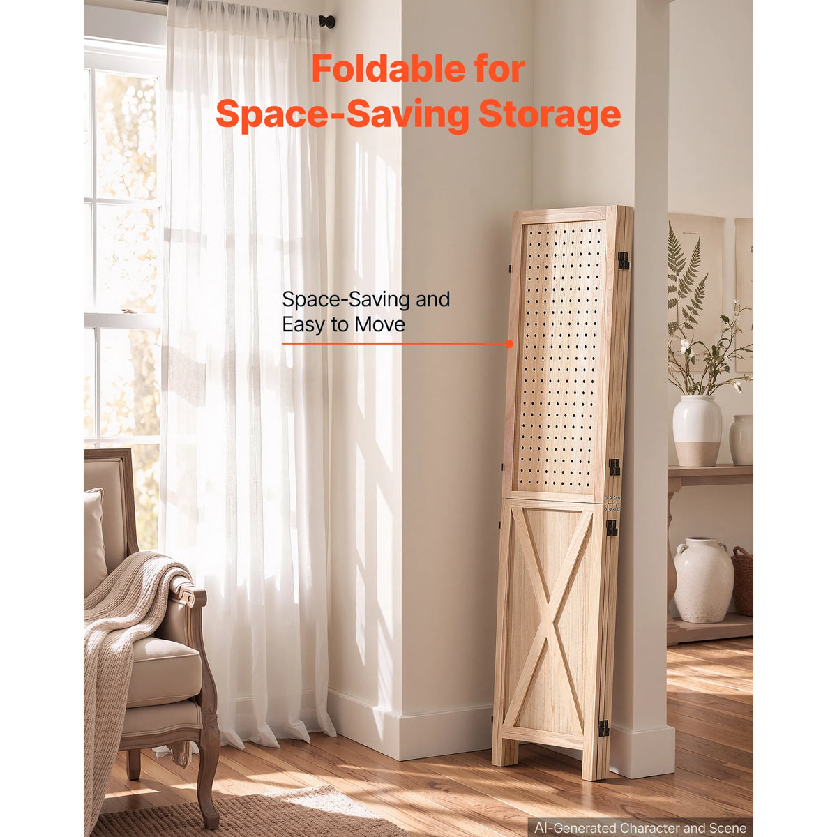 SucceBuy Four Panel Wood Folding Privacy Screen Room Divider