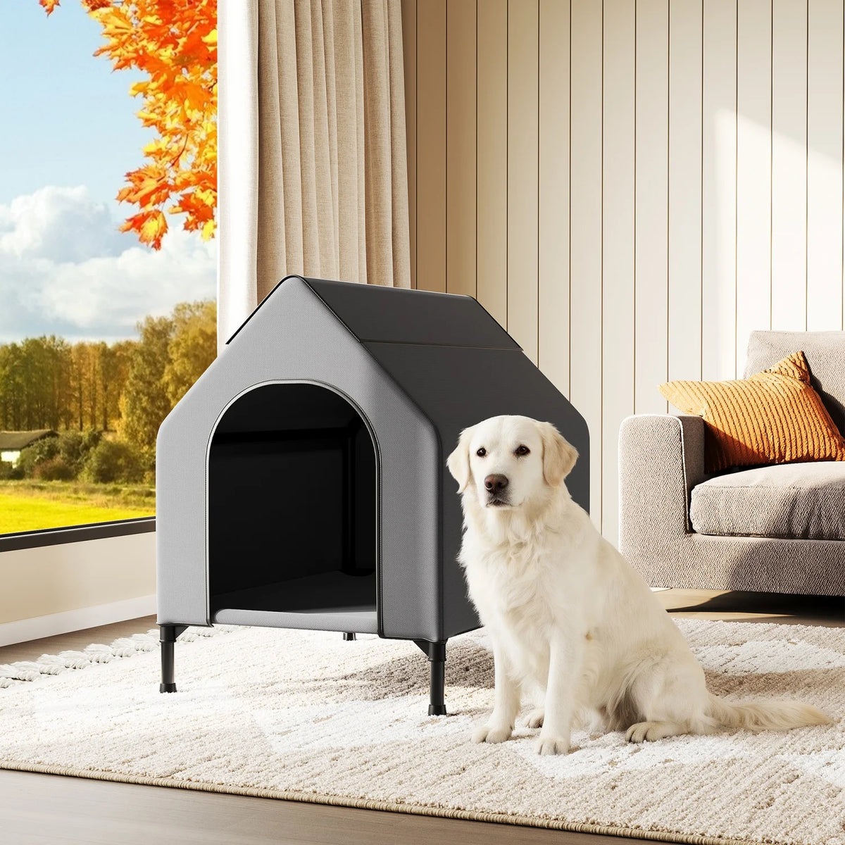 HiMiss Weatherproof Elevated Dog House With Mesh Bed Metal Frame