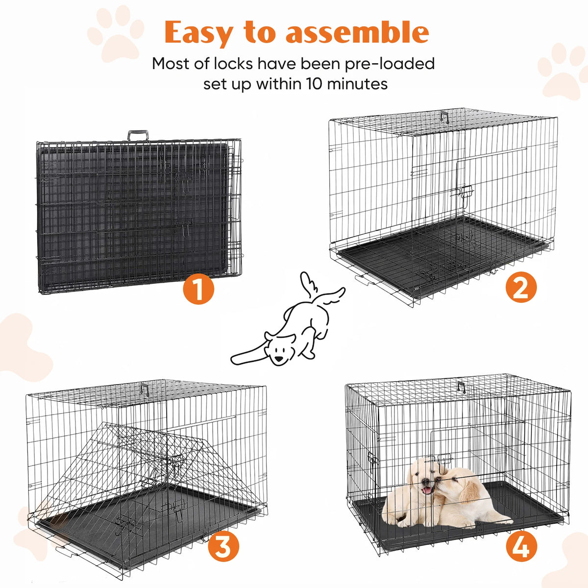JHK Double Door Folding Metal Dog Crate Leak Proof Tray