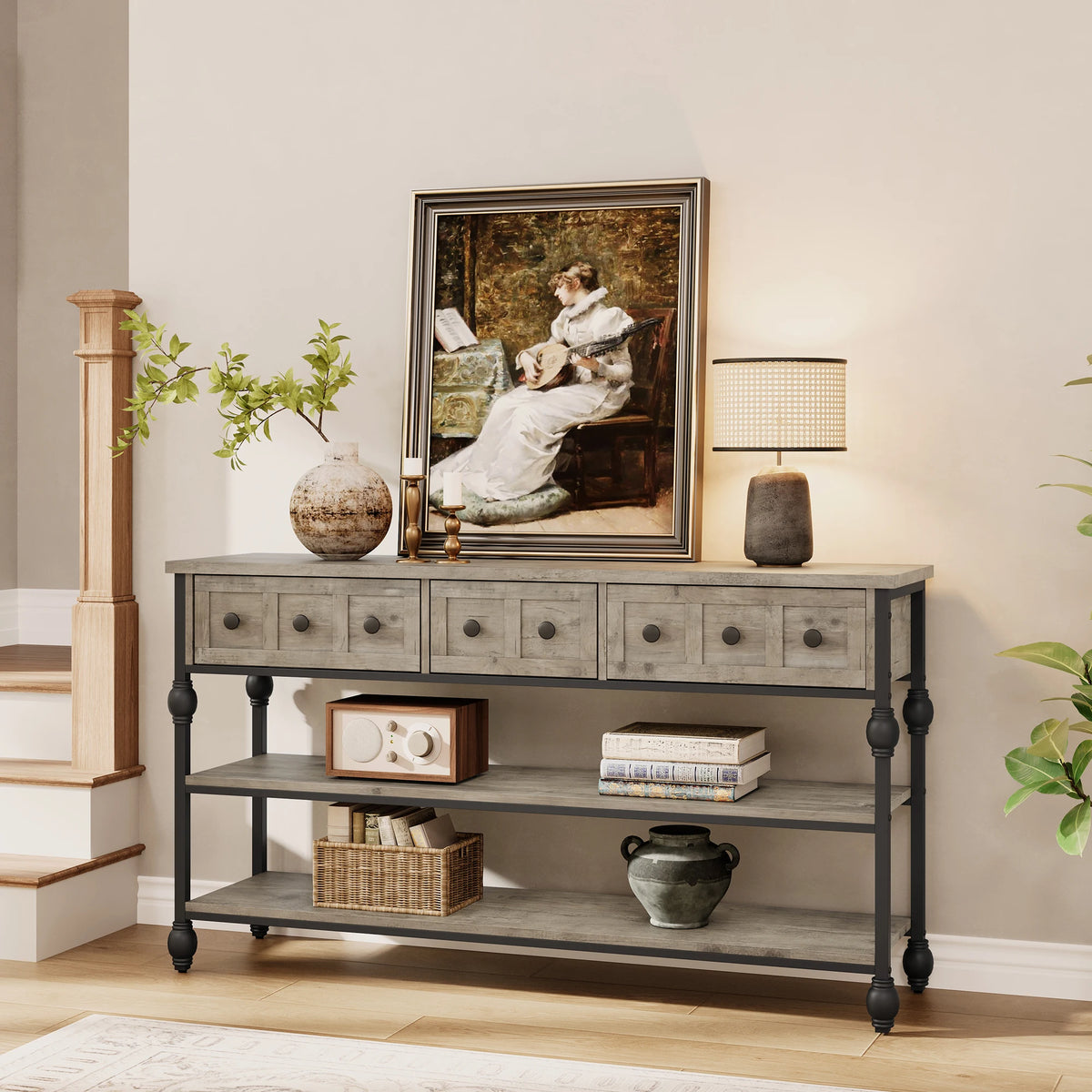 HiMISS Industrial Console Table With Three Drawers And Metal Frame