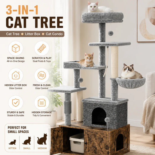 Multi Level Cat Condo With Integrated Litter Box And Hammock