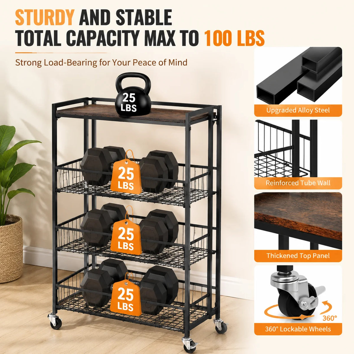 Heavy Duty 4-Tier Foldable Storage Cart with Lockable Casters