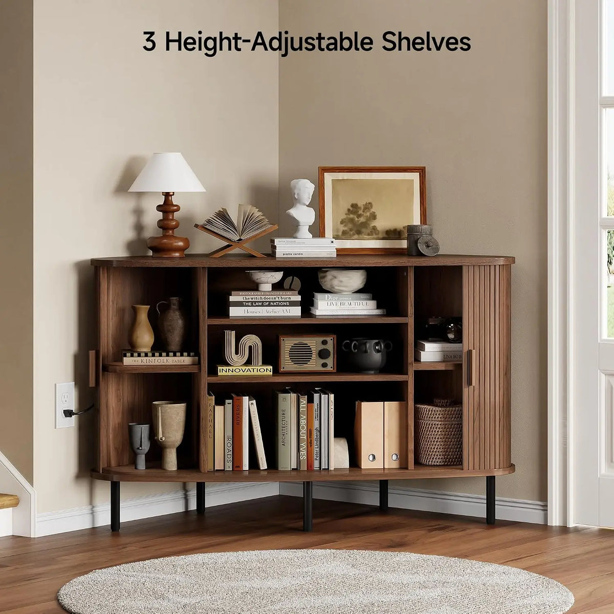 Onbrill Modern Fluted Wood Corner TV Stand Entertainment Center