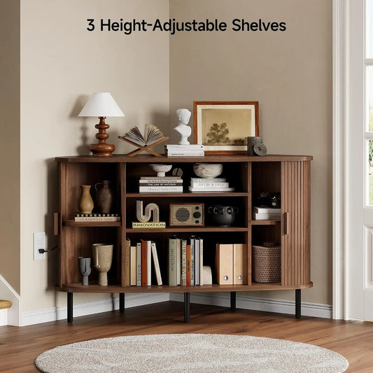 Onbrill Modern Fluted Wood Corner TV Stand Entertainment Center