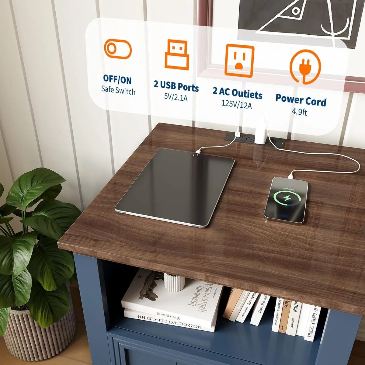 Modern Fluted Wood Nightstand With USB Charging Station And Drawers