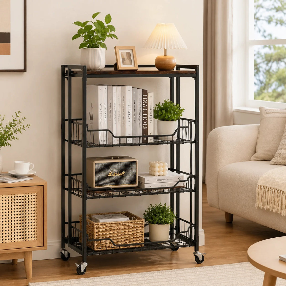 Heavy Duty 4-Tier Foldable Storage Cart with Lockable Casters