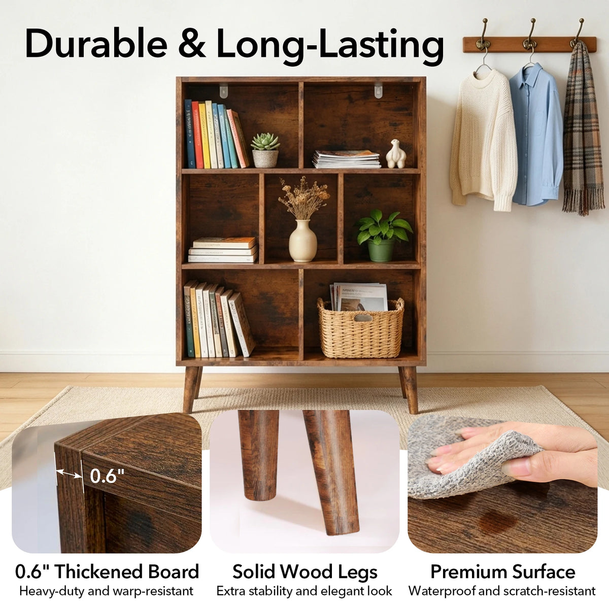 Wooden Bookcase with Legs Storage Organizer and Display Shelves Home