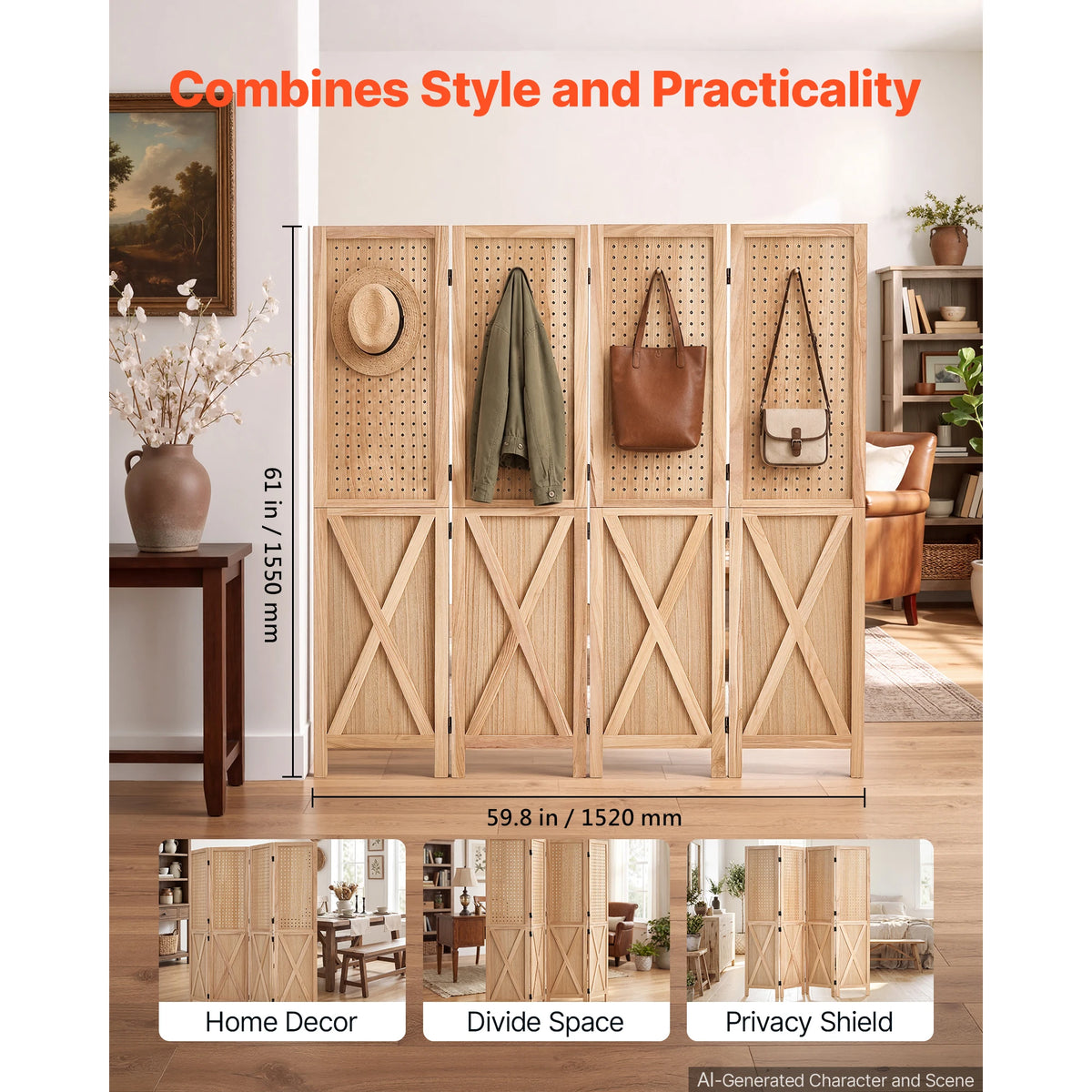SucceBuy Four Panel Wood Folding Privacy Screen Room Divider