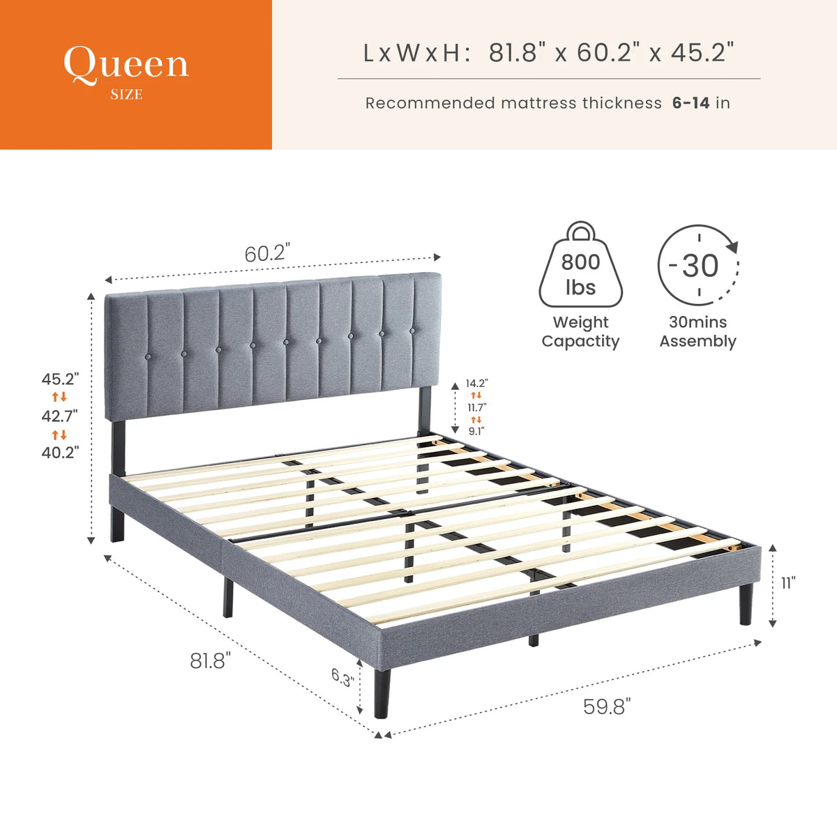 MCQ Upholstered Platform Bed Frame With Adjustable Headboard