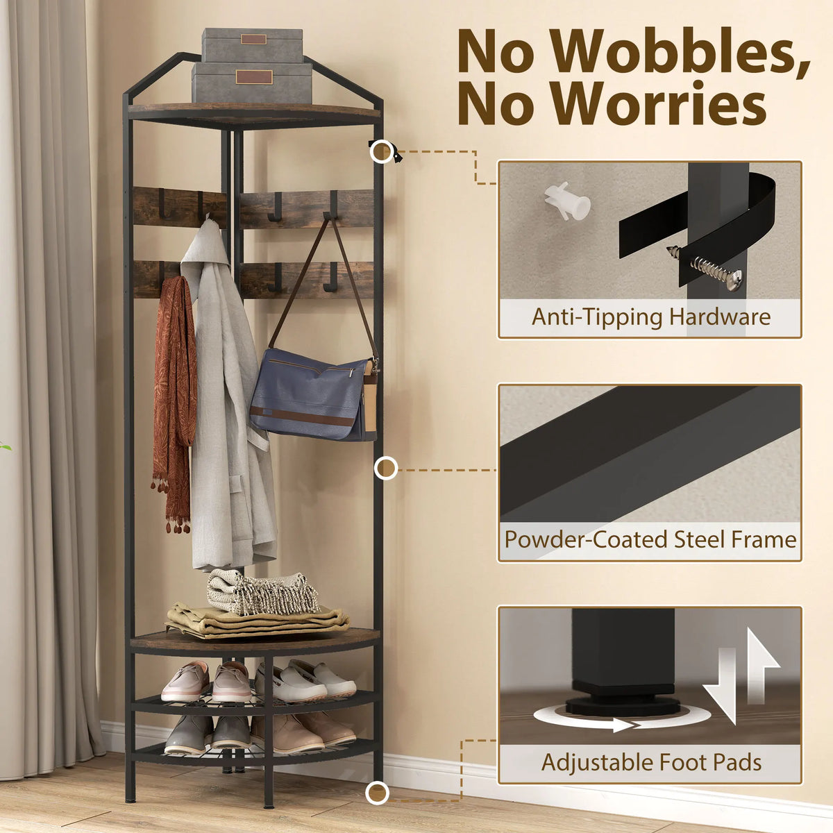 Industrial 4-Tier Corner Hall Tree With 8 Hooks Shoe Storage