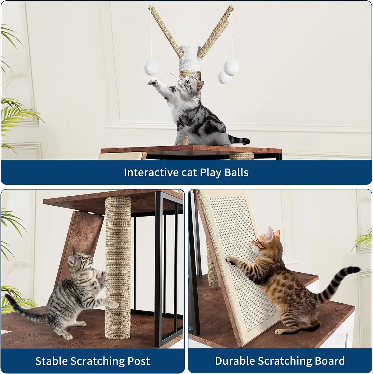 Garvee Wood Cat Corner Activity Tree With Hidden Storage Cabinet