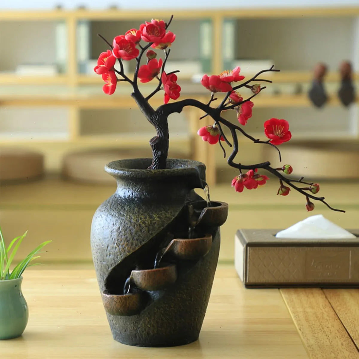 Bymaocar Tabletop Fountain With Artificial Flowers And Silent Pump