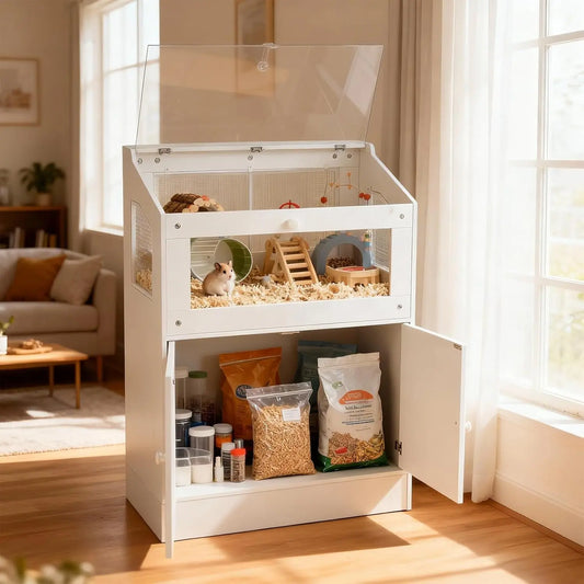 HiMiss Acrylic Pet Habitat Cage With Wooden Storage Cabinet