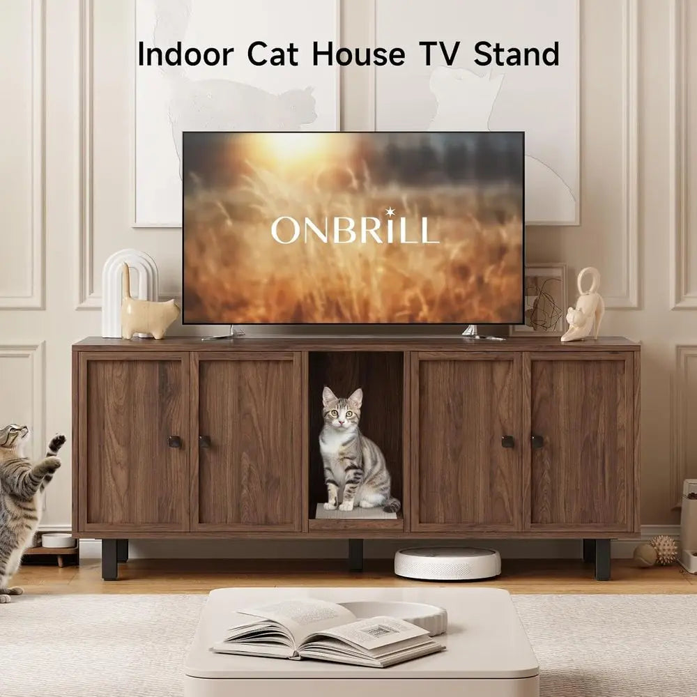 Wooden Double Compartment Cat Litter Enclosure With Scratch Pad