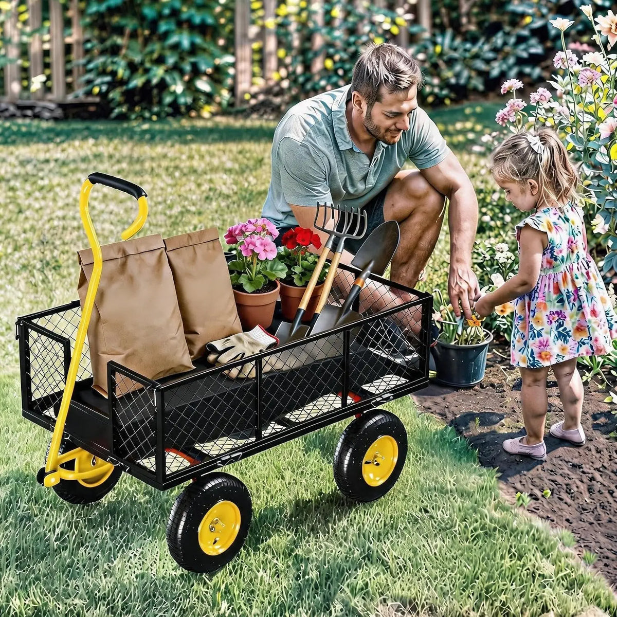 Tacleekii Heavy Duty Steel Garden Cart With Durable Mesh Tray