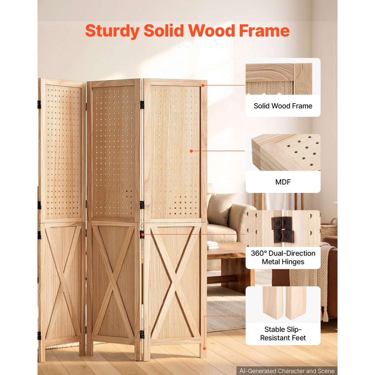 SucceBuy Four Panel Wood Folding Privacy Screen Room Divider